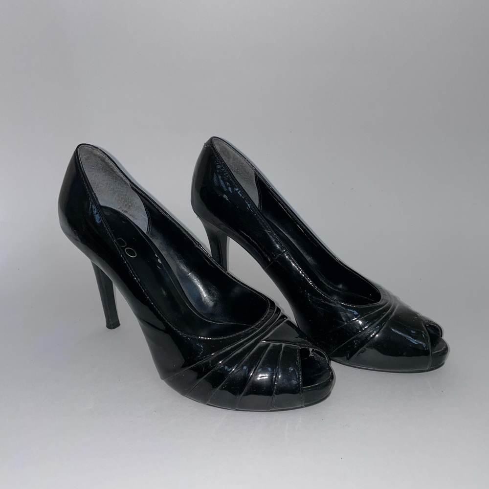 Aldo Glossy Black Peep-Toe Heels